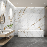 CALACUTTA BRONZO 120x278cm glossy finish marble look tile with elegant veining. A refined large format tile for luxury interiors.