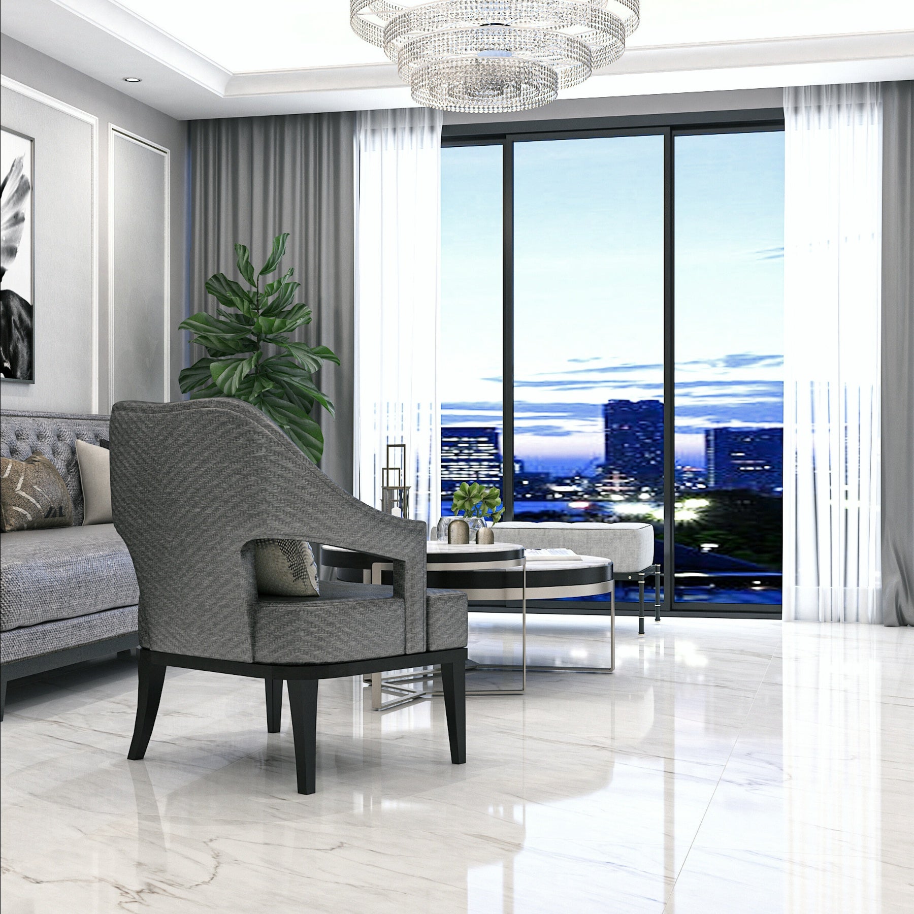 Cavallo 120x120cm glossy porcelain tile with sleek veining and modern appeal. Durable, stylish, and perfect for luxury interiors.