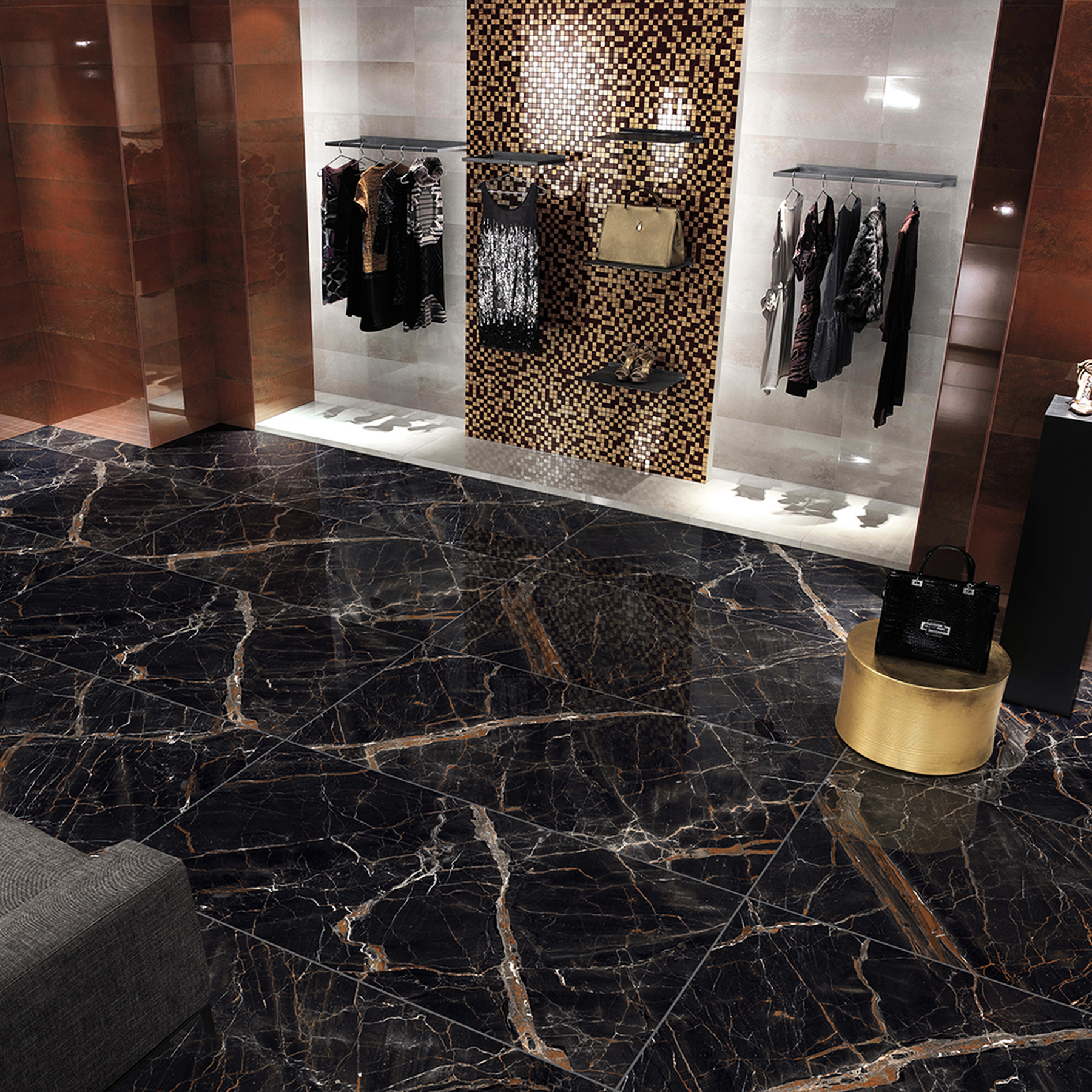 Discover the ESTRADA NERO high glossy large format porcelain tile, 60x120cm with a sleek black marble-look finish. Durable 9MM porcelain tile ideal for stylish floors and walls, offering easy installation and lasting elegance.