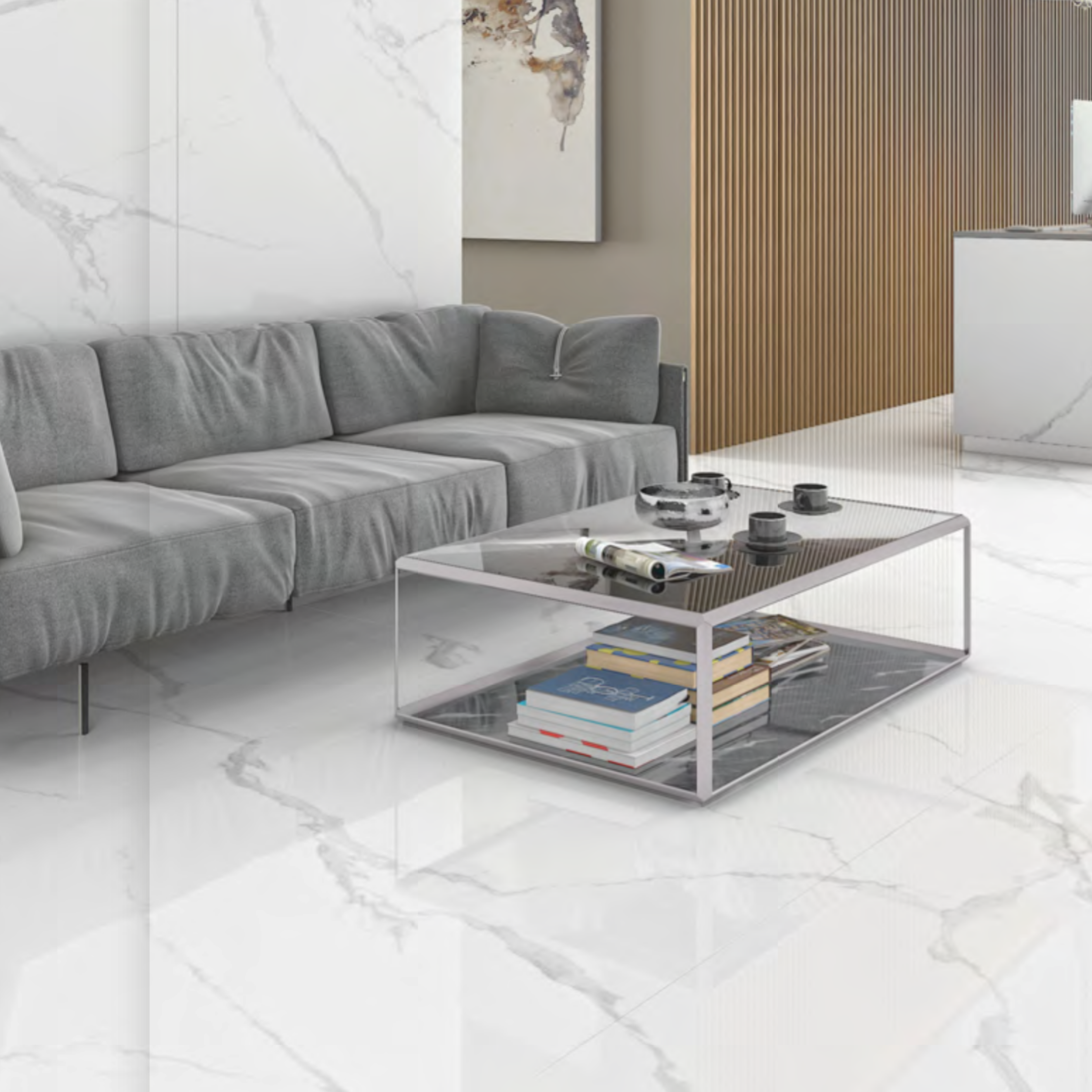 Lexus White Lite 120x240cm end-match matt porcelain tile. Durable 09mm thickness, seamless white marble look for elegant walls and floors.