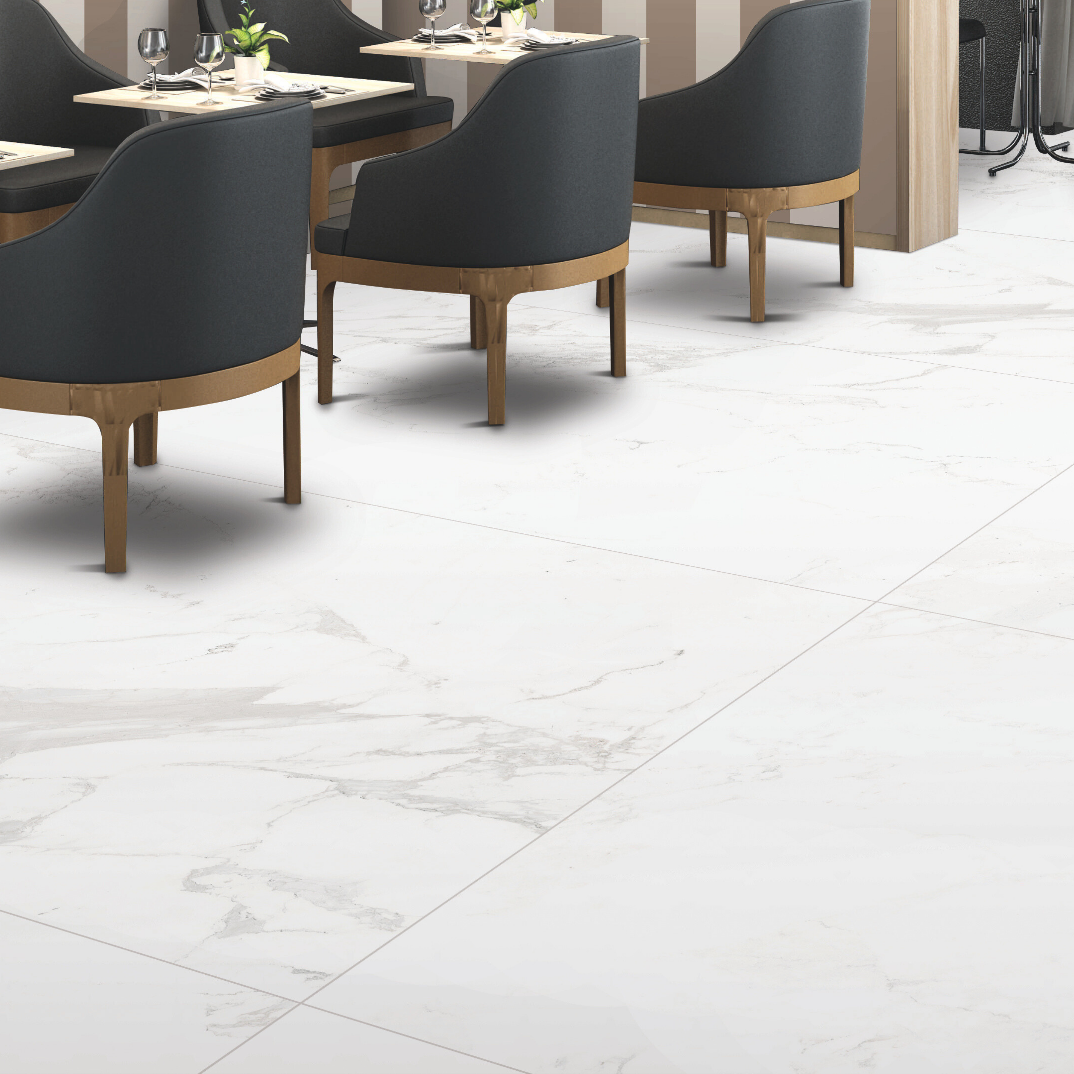 Statuario Jupiter 120x240cm silk matt porcelain tile. White marble look with bold grey veins, 09mm durable format, seamless finish for walls and floors.