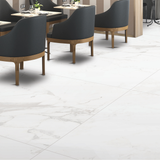 Statuario Jupiter 120x240cm silk matt porcelain tile. White marble look with bold grey veins, 09mm durable format, seamless finish for walls and floors.