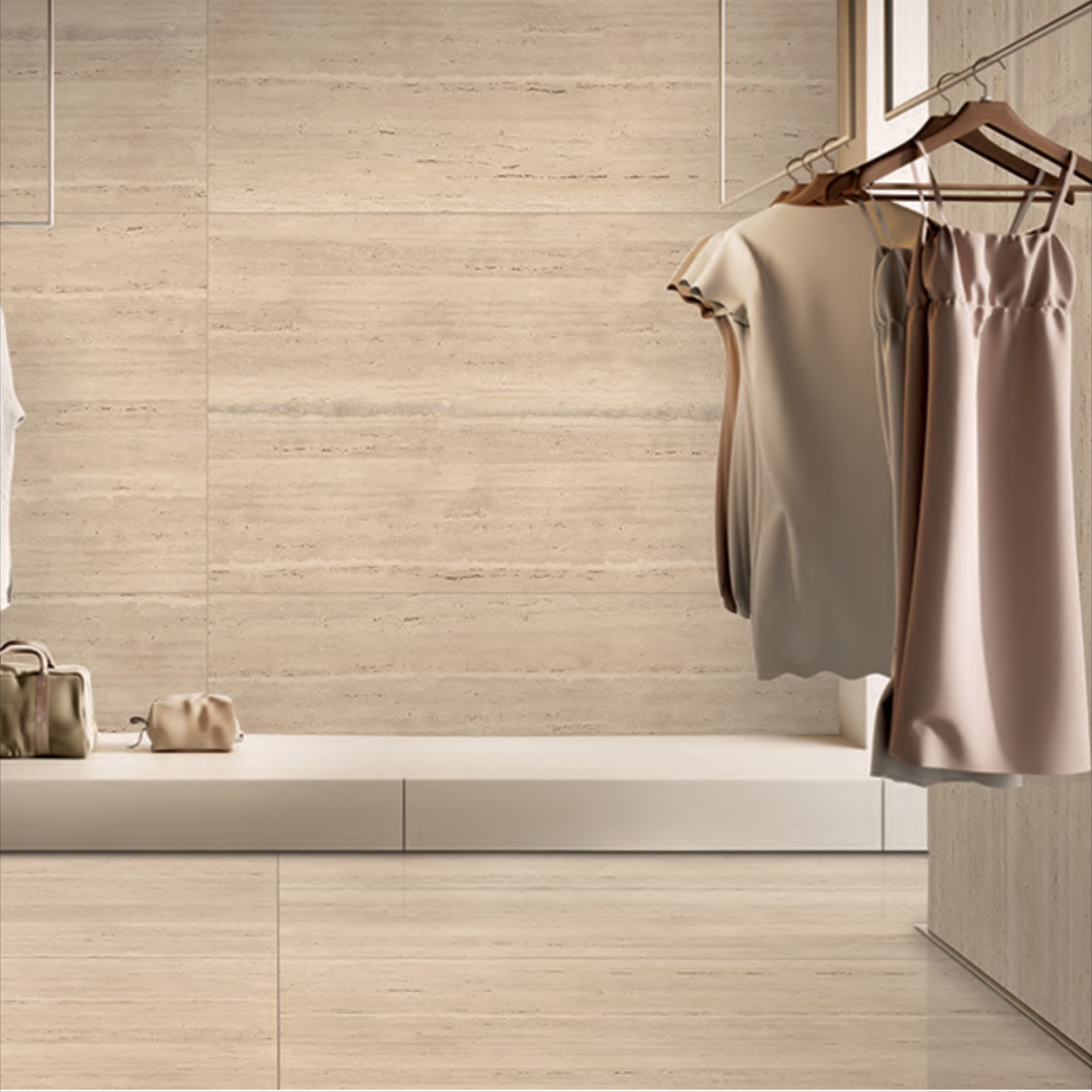 Travertine Beige 120x240cm glossy porcelain tile with warm stone look. Durable 9mm design for elegant floors and walls.
