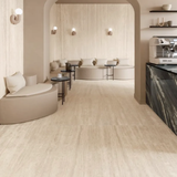 Travertino Real 120x240cm matt porcelain tile. Natural travertine stone look with a smooth matt finish, 09mm durable porcelain for walls and floors.