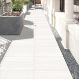Travino Bianco 60x120cm porcelain tile, 20mm thick with R11 slip-resistant rough matt finish. Elegant white stone look, ideal for outdoor spaces.