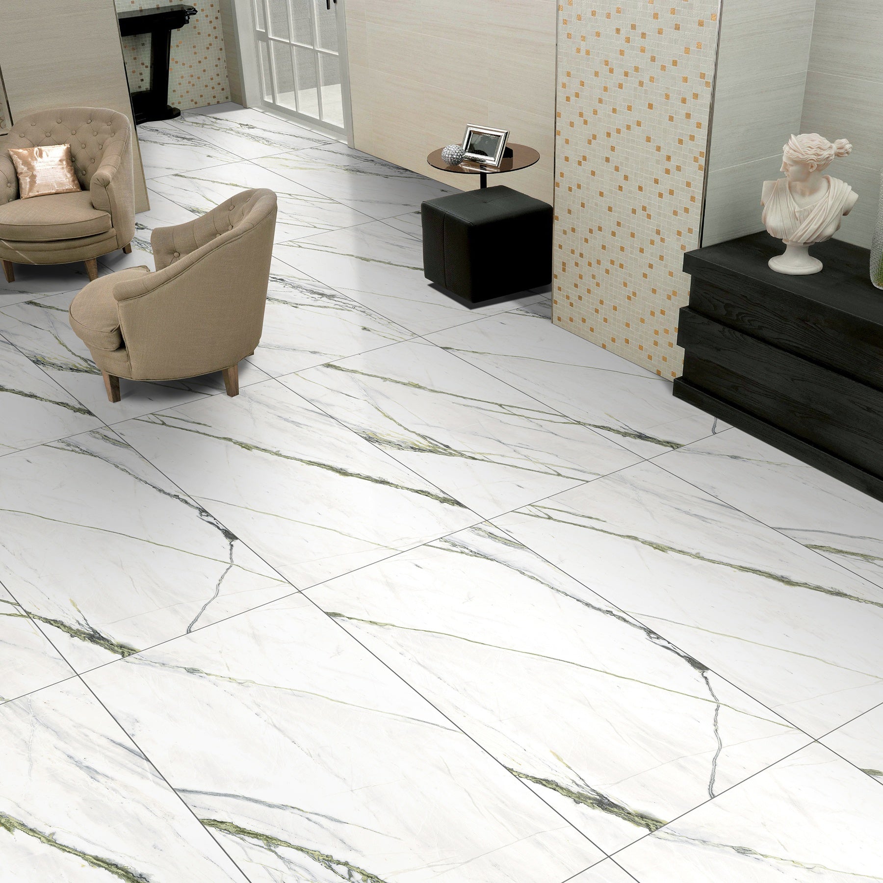 Discover CALCATTA EMARALD porcelain tile 600x1200mm with 9MM thickness and glitter on matt finish. Durable large format tile ideal for luxurious, shimmer-enhanced flooring and walls.
