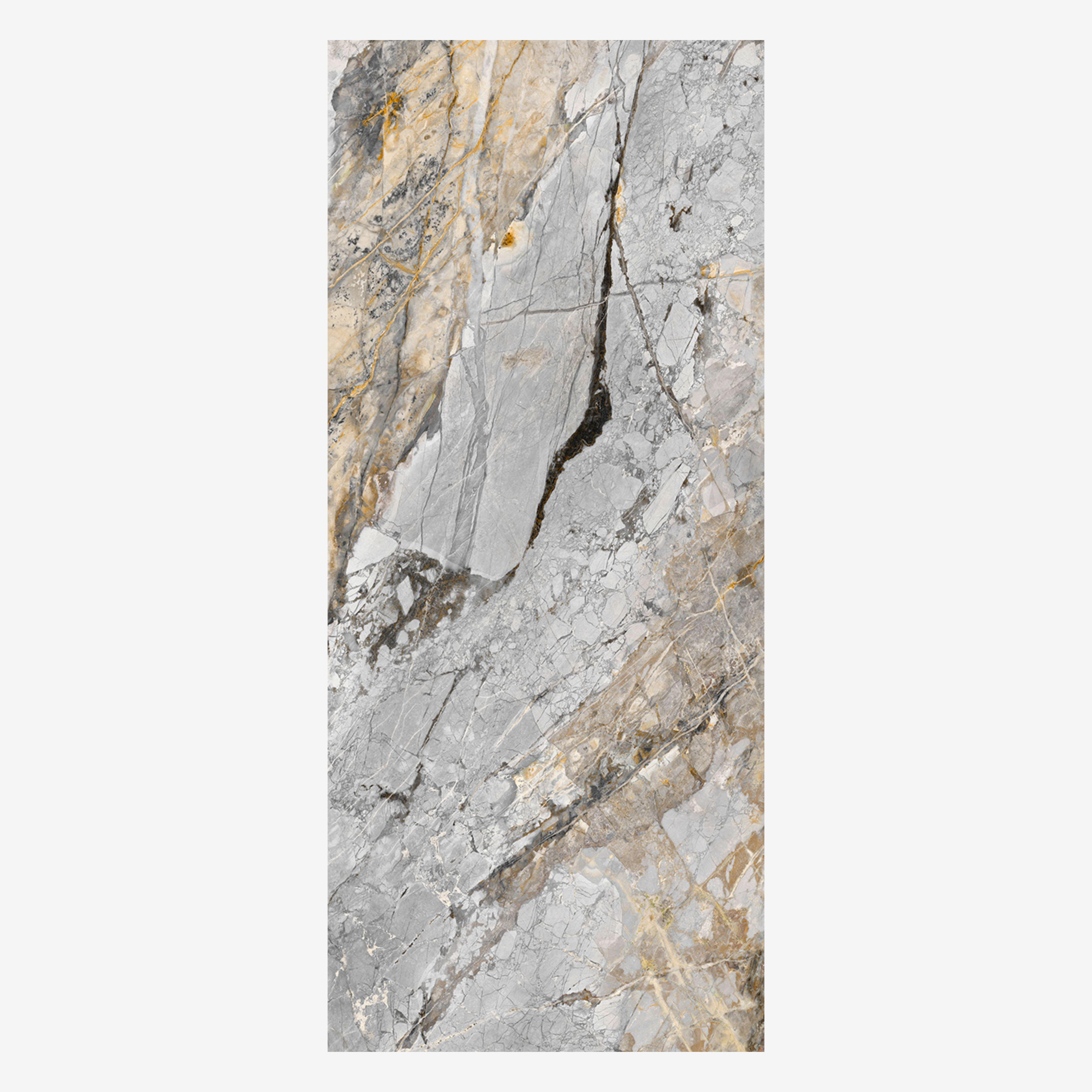 DEVINE GREY 120x278cm book match marble look tile in glossy finish. A sleek large format tile ideal for modern interior design.
