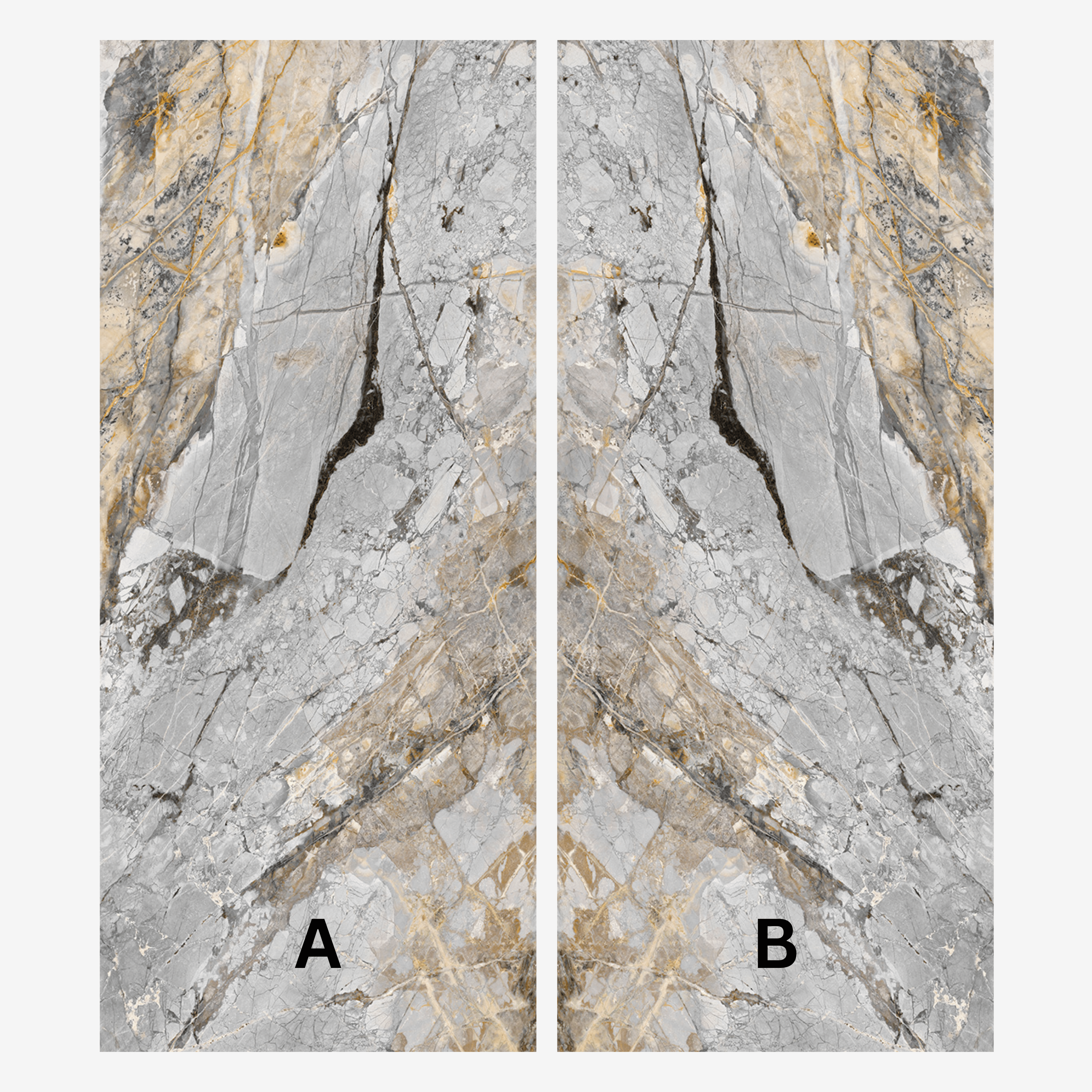 DEVINE GREY 120x278cm book match marble look tile in glossy finish. A sleek large format tile ideal for modern interior design.
