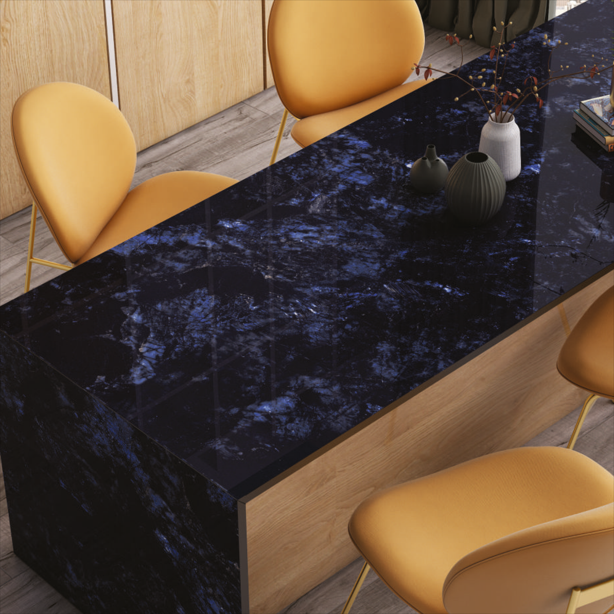 Elevate your space with luxurious stone look tiles in deep blue tones, featuring a sophisticated polished finish and large format tiles.