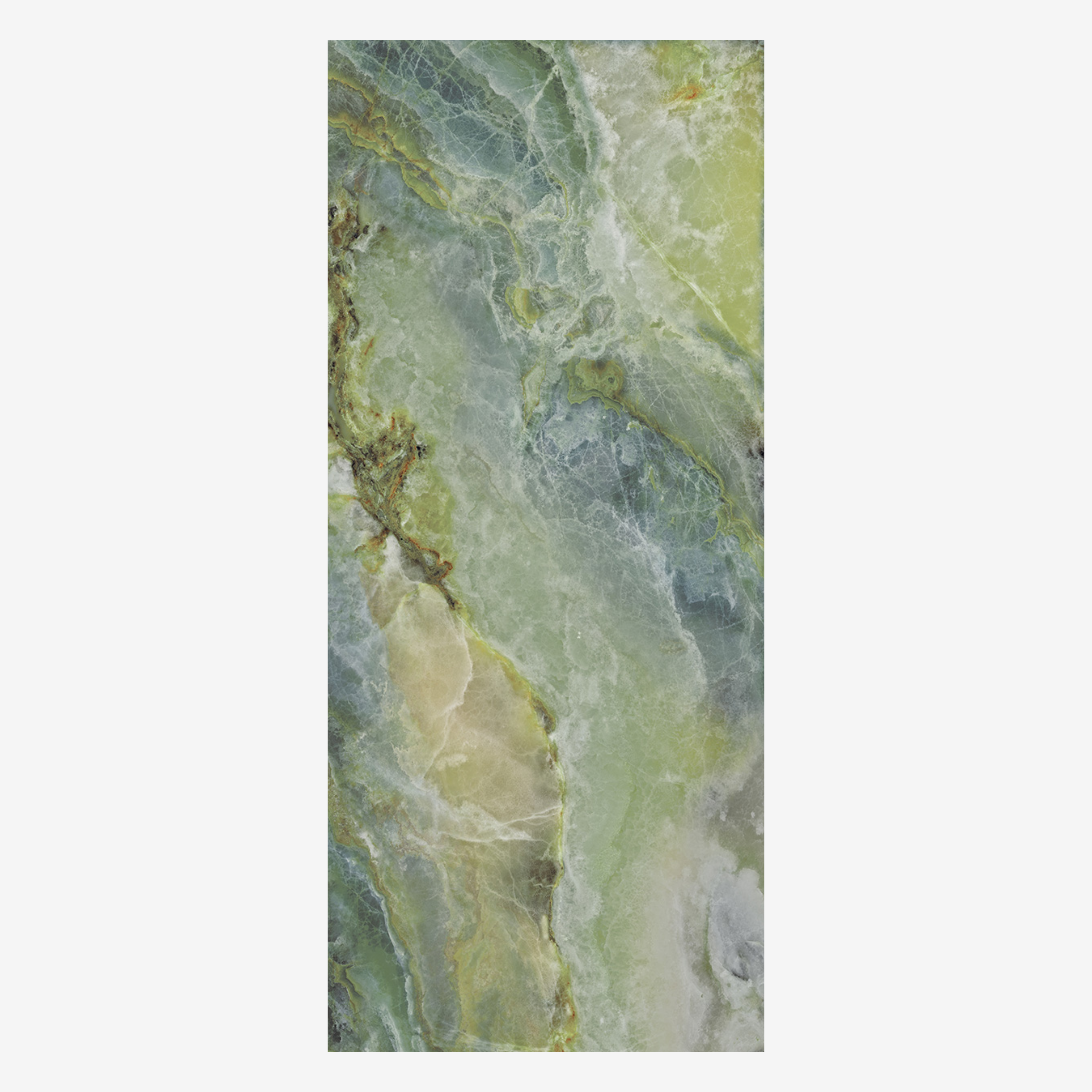 IRISH GREEN 120x278cm book match marble look tile in glossy finish. A bold large format tile for luxurious and modern interiors.
