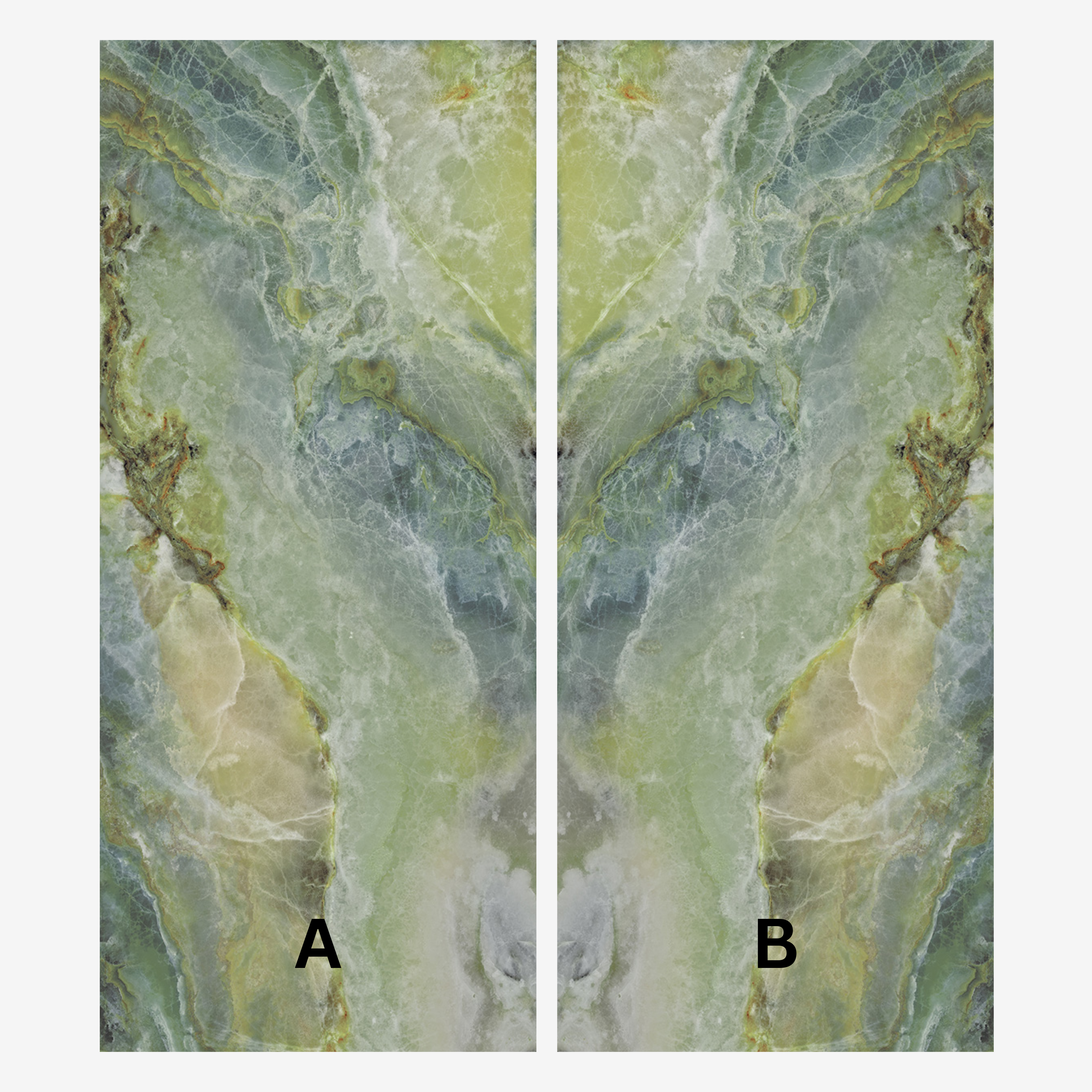 IRISH GREEN 120x278cm book match marble look tile in glossy finish. A bold large format tile for luxurious and modern interiors.