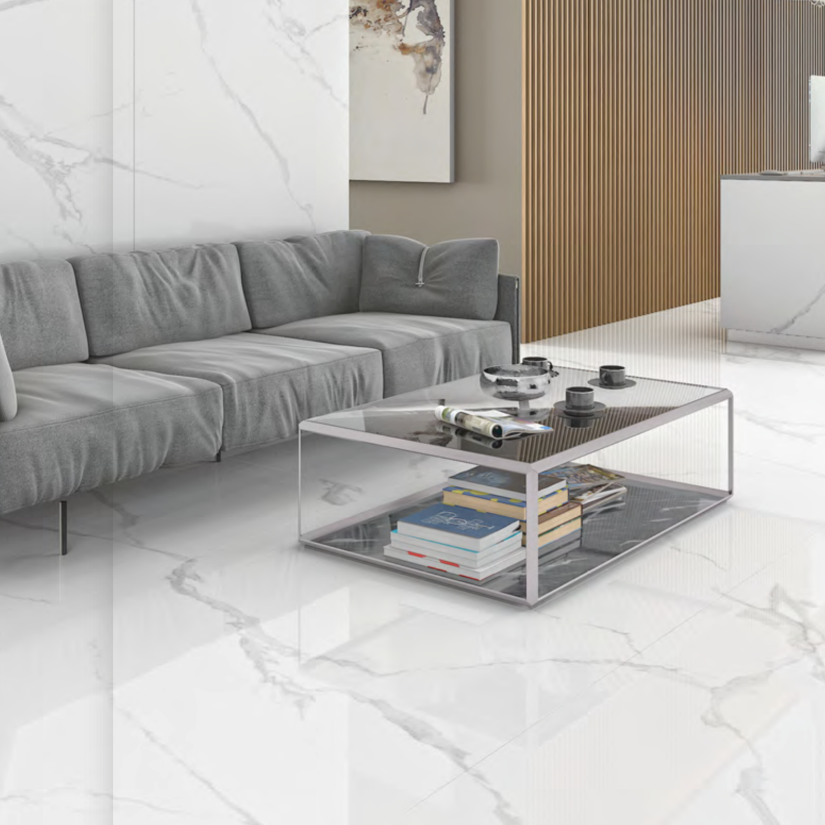  Lexus White Lite 120x240cm end-match matt porcelain tile. Durable 09mm thickness, seamless white marble look for elegant walls and floors.