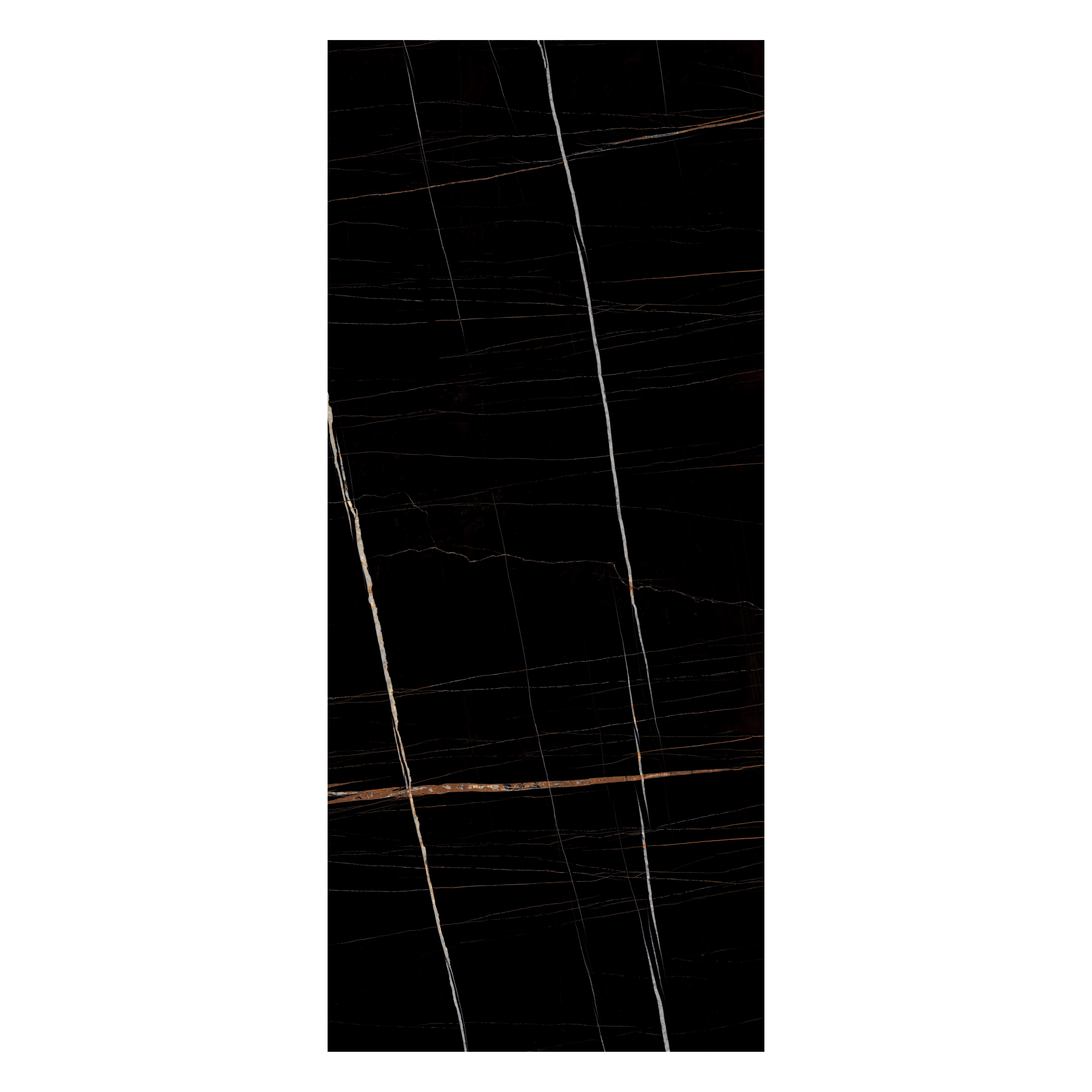 Nero Saint Laurent 120x278cm high glossy porcelain tile. Black marble look with golden veining, 09mm slab, sleek luxury finish for premium interiors.