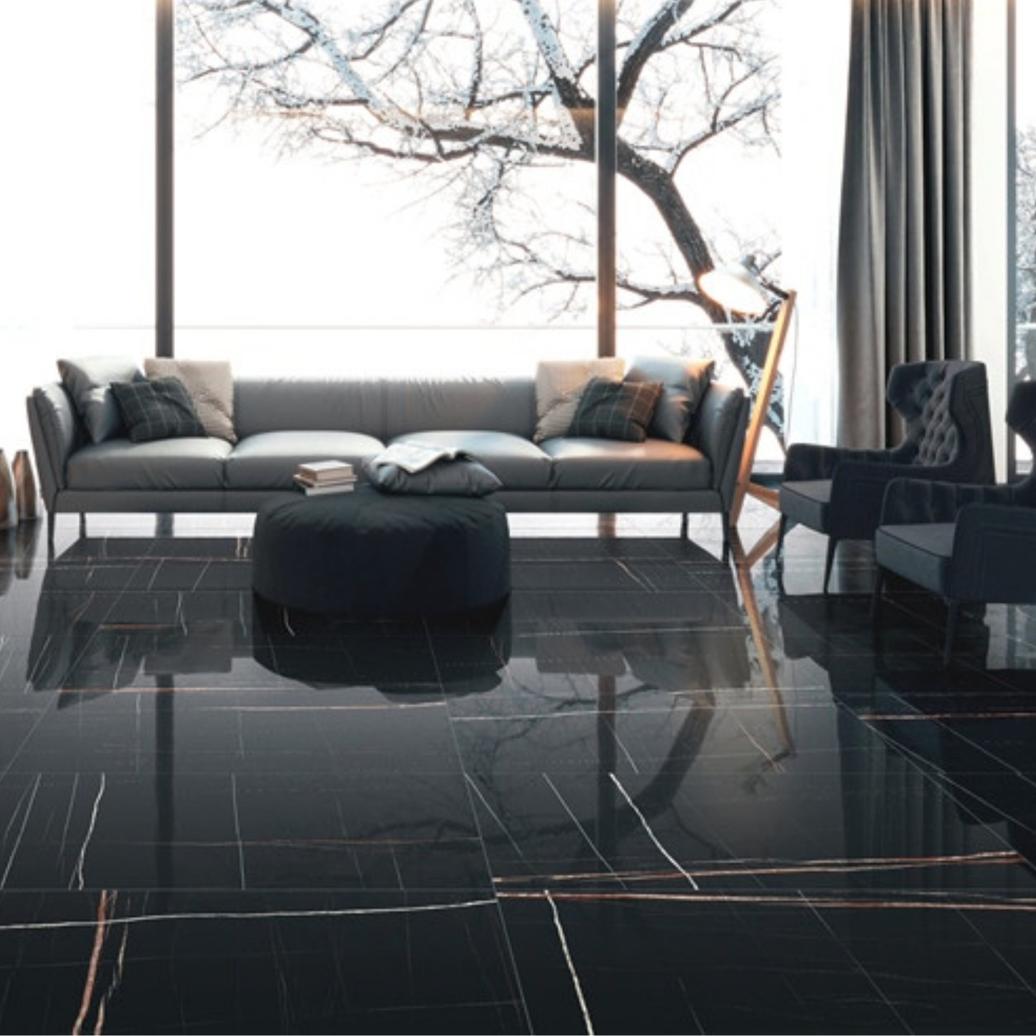 
Nero Saint Laurent 120x278cm high glossy porcelain tile. Black marble look with golden veining, 09mm slab, sleek luxury finish for premium interiors.