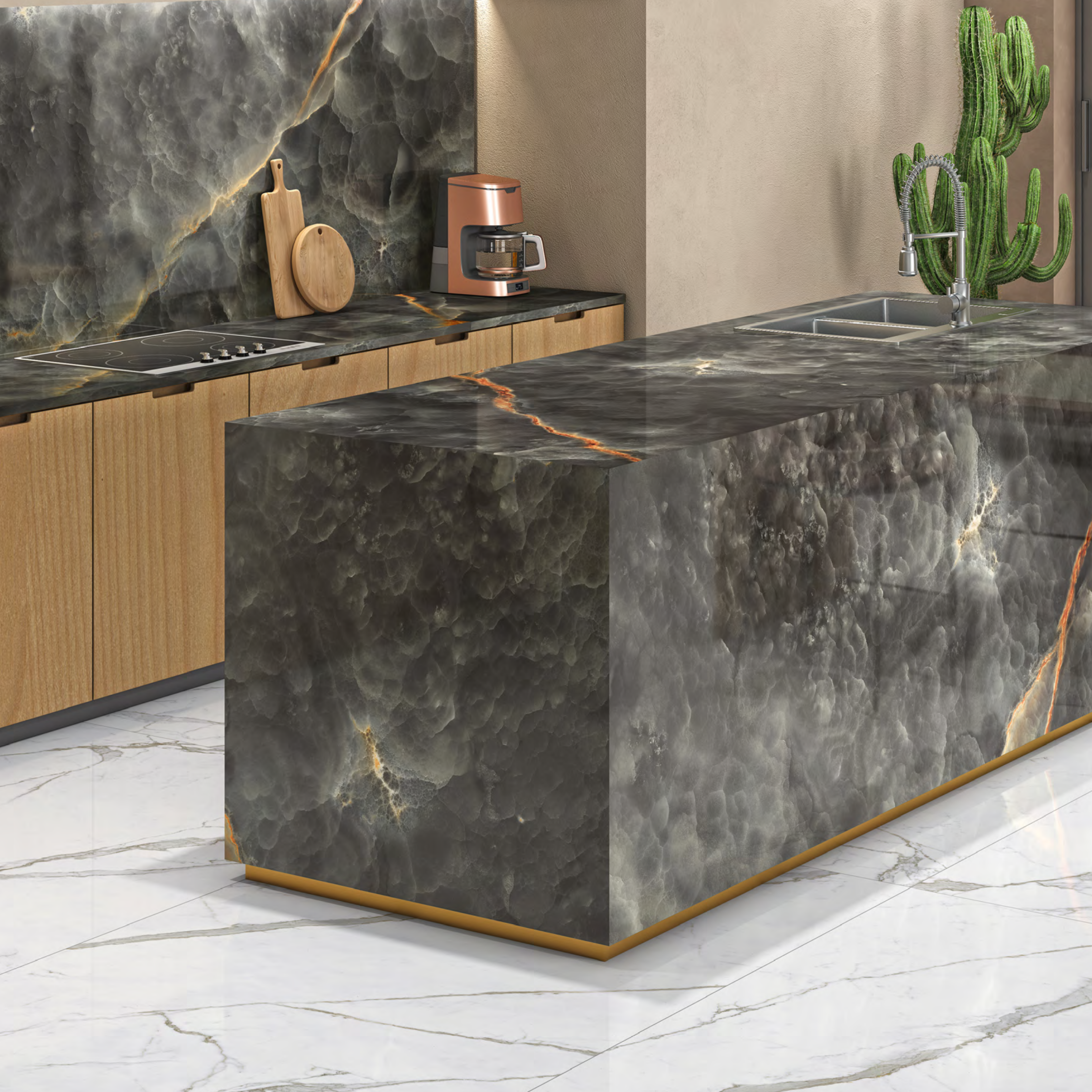Onice Nero 120x278cm high glossy porcelain tile. Black onyx-inspired design, 09mm slab, seamless luxury finish for elegant and modern interiors.