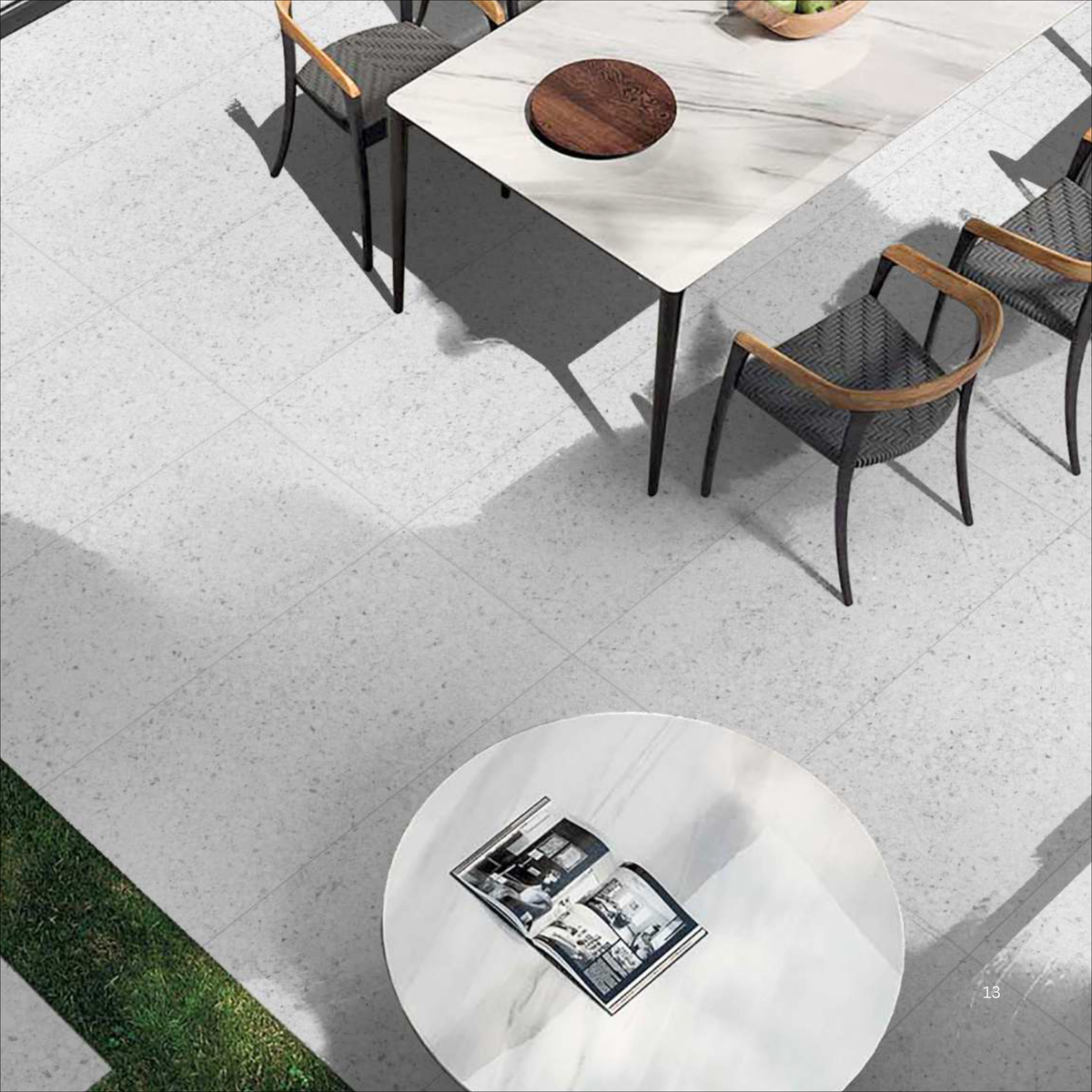Terrazo Bianco 60x120cm porcelain tile, 20mm thick with R11 rough matt finish. Elegant terrazzo look, ideal for outdoor and high-traffic spaces.